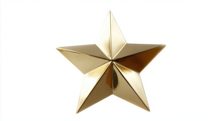 Golden Christmas star, glossy metal five-pointed shape, bright shine, isolated on white background with clipping path