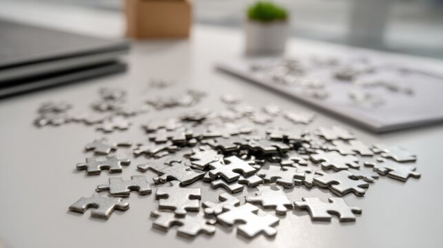 Scattered Puzzle Pieces on a Desk Symbolize Unresolved Business Challenges and Complex Decision Making