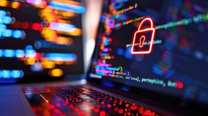 Bright Red Lock Icon with Abstract Code on Laptop Screen in Soft Focus Background Illustrating Cybersecurity Concept
