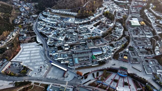 Aerial shot of Kumbum Monastery in Xining, Qinghai, a Tibetan Buddhist monastery