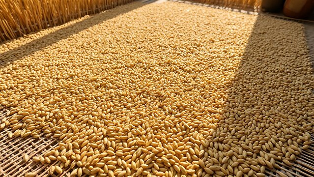 foolishness. Barley grains drying on a mat under soft, natural sunlight. menu design, packaging mockups, designed for culinary blogs and recipe cards for restaurants, used by account managers.