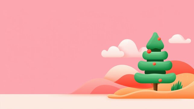 Cute Christmas Illustration with Cartoon Tree, Red Decor, Clouds and Hills on Pink Background, Ideal for Holiday Wallpaper, Poster and Festive Design Projects