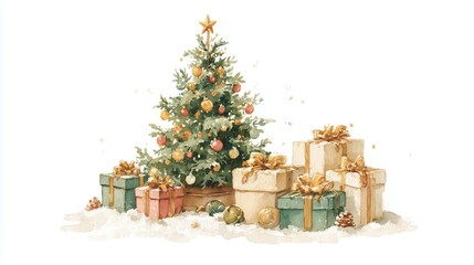 Watercolor Christmas Illustration with Decorated Tree, Gifts, Pinecones and Ornaments on White Background, Ideal for Holiday Wallpaper, Poster and Festive Design Projects