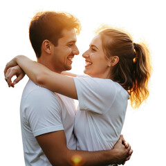 Young couple embracing and smiling with warm sunlight isolated on transparent background