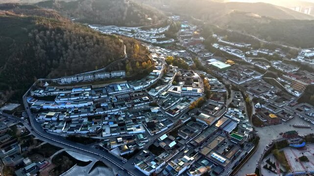 Aerial shot of Kumbum Monastery in Xining, Qinghai, a Tibetan Buddhist monastery