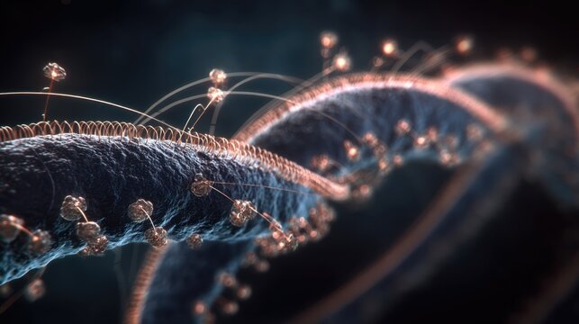 Close-up of microscopic bacteria and viruses on a dark background illustrating infection and disease spread