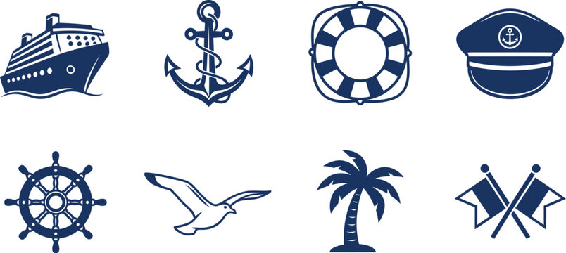 Nautical icons set featuring a cruise ship, anchor, lifebuoy, captain's hat, ship's wheel, seagull, palm tree, and crossed flags.