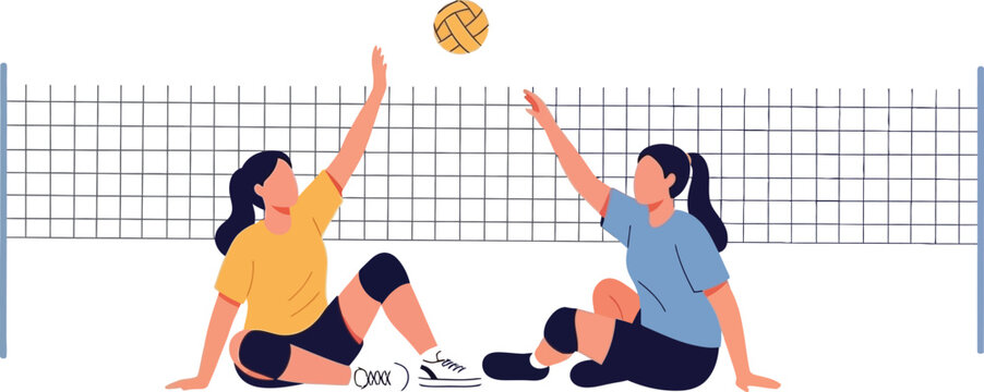 Two women playing volleyball, reaching for the ball over the net in a moment of teamwork.