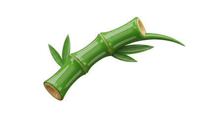 A vibrant green segment of bamboo stalk with small leaves and a node isolated on transparent background