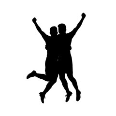 Dynamic silhouette of two soccer players celebrating victory with a joyful jump, embodying teamwork, achievement, and the thrill of sports success