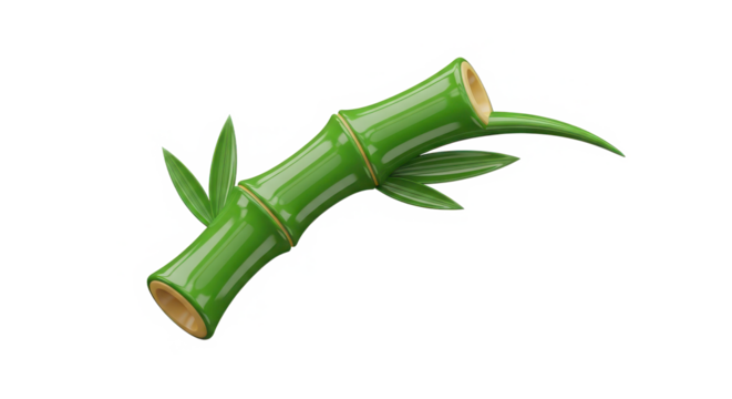 A vibrant green segment of bamboo stalk with small leaves and a node isolated on transparent background