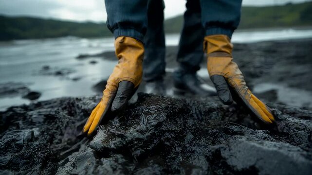 Worker wearing yellow gloves digging into wet black soil on a rugged shoreline with ocean waves and distant hills creating a gritty outdoor environment