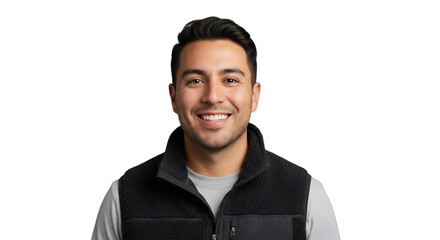 Smiling 29-34-year-old Hispanic ski boot fitter, wearing a shop-style fleece vest, isolated on transparent background. Ideal for winter sports business, retail, career, employee profiles,