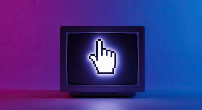 Retro computer monitor glows with a pixelated cursor, evoking nostalgia for early digital interfaces and online exploration.