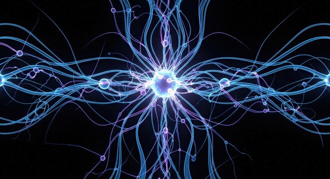 Stunning bioluminescent neuron network pulsates with electrical energy, visualizing complex brain function and neural pathways in a cosmic backdrop