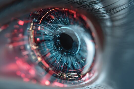 Futuristic human eye close-up showcasing vibrant blue and red iris with digital circuit-like elements and high-tech glossy details for tech enthusiasts and innovation lovers