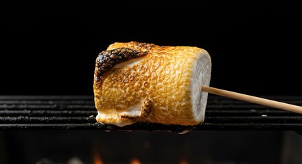 Golden brown marshmallow, perfectly roasted over a warm fire, showcasing its delightful caramelized crust and gooey, soft center ,treat ,marshmallow ,dessert