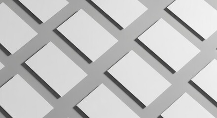 Clean white cards arranged diagonally on a solid gray background creating a modern, minimalist template for branding or design projects.