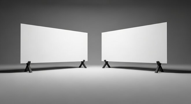 Blank white screens on stands create a modern, minimalist display for your creative project, presentation or advertisement.