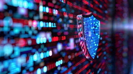 Futuristic Shield Symbol with Binary Code on Digital Background for Cyber Security and Information Technology Concepts