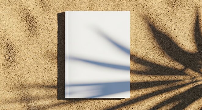Blank white book cover rests on warm sand with dappled palm leaf shadows creating a serene summer vacation vibe for your design.