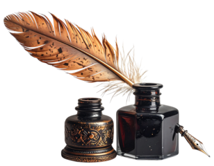 “Classic Vintage Quill Feather Pen with Ink Pot, isolated on a transparent background”