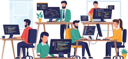 Team of programmers working in a modern office environment