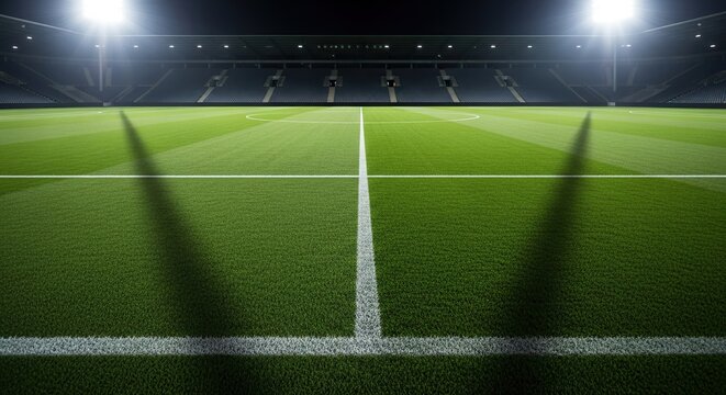 Immersive view of a pristine, floodlit football stadium pitch at night, ready for championship match excitement and intense competition.
