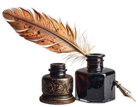  &ldquo;Classic Vintage Quill Feather Pen with Ink Pot, isolated on a transparent background&rdquo; 