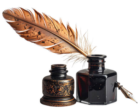  “Classic Vintage Quill Feather Pen with Ink Pot, isolated on a transparent background” 
