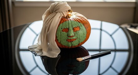 Whimsical pumpkin embraces self-care, adorned with a refreshing green face mask and elegant fabric, ready for a spa day transformation