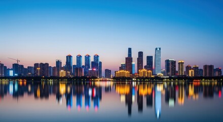 City waterfront skyline during blue hour