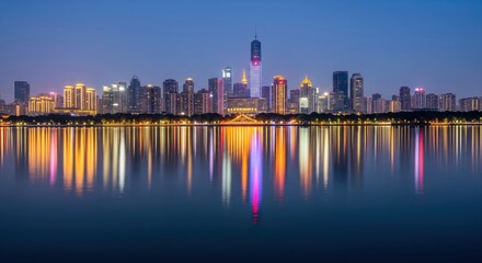Modern skyline reflected on calm river at night
