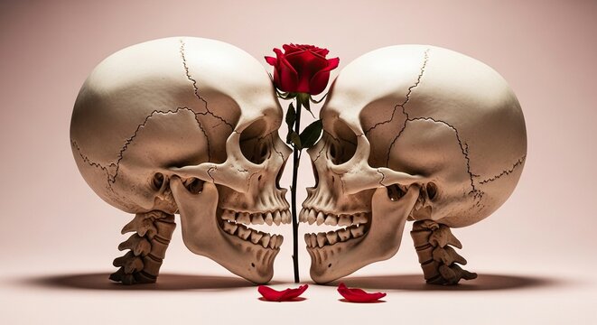 Elegant skulls sharing a vibrant red rose, symbolizing eternal love and the fleeting nature of life's beauty.