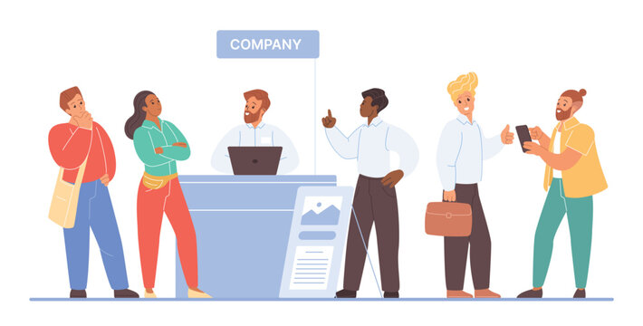 Group of diverse business professionals interacting at a company booth during a business exhibition, networking and discussing opportunities, isolated on white background vector illustration