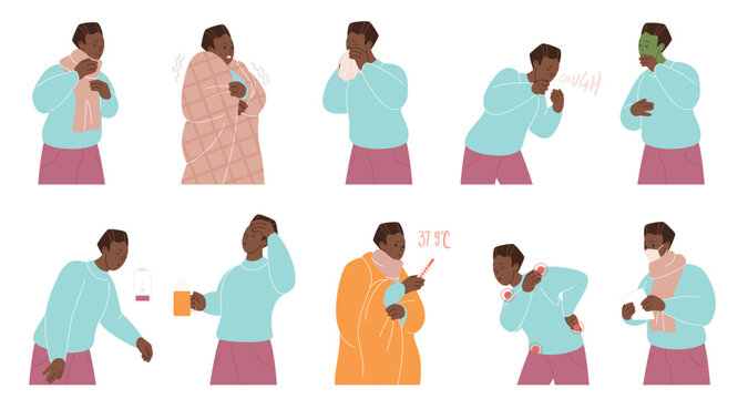 Sick african black man showing cold and flu symptoms like coughing, sneezing, fever, headache, sore throat, tiredness, and chills, isolated on white background vector illustration