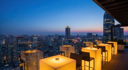 Modern rooftop dining with panoramic city view