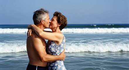 Joyful mature couple embracing and kissing passionately on a sunny beach with ocean waves gently rolling in