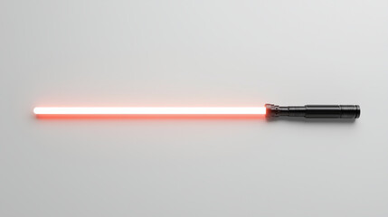 A sleek, red lightsaber resting on a smooth surface, showcasing its glowing blade and detailed hilt design.