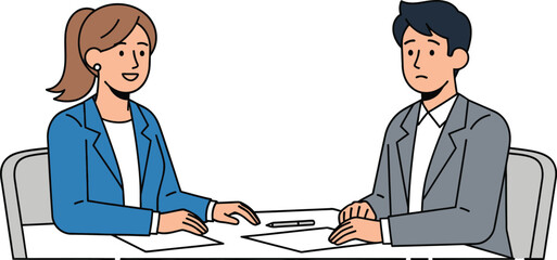 Two business people in a meeting discussing document