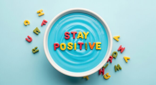 Brighten your day with this vibrant message of hope, encouraging a positive outlook amidst colorful alphabet letters floating in a refreshing blue liquid.