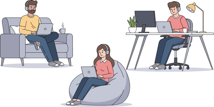 People working remotely on laptops from different locations