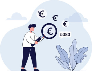 Person examining euro currency symbols with a magnifying glass