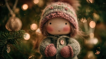 Cute Handmade Doll in Warm Winter Clothes Surrounded by Christmas Decorations