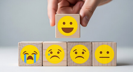 Hand placing wooden cube with happy face on top of other cubes with sad faces