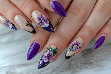 Glamorous beauty – Close-up of hands with purple manicures and perfect nails