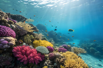 Fototapeta premium Underwater Coral Reef World with Colorful Marine Life,Abstract Underwater Coral Composition,Colorful Cartoon Coral Reef with Tropical Fish,Underwater Coral Reef Landscape in Natural Light