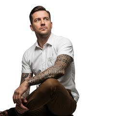Man with tattoos wearing a white shirt and brown pants isolated on transparent background