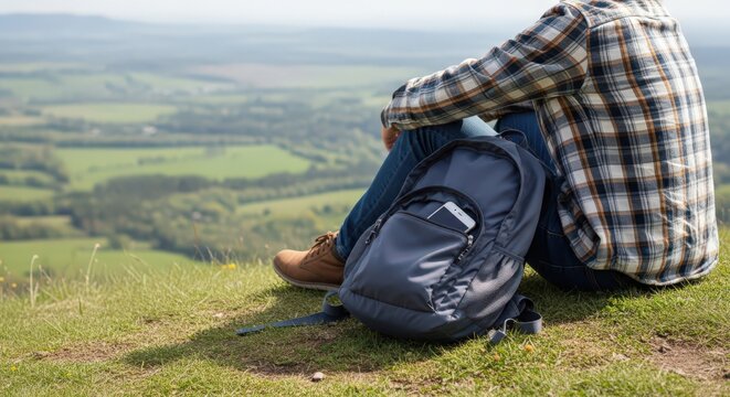Person resting with backpack on hilltop overlooking landscape