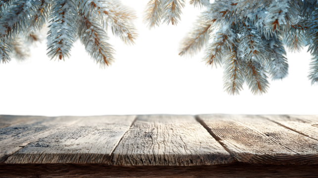 PNG Rustic wooden table under snowy pine branches for winter holiday product display 